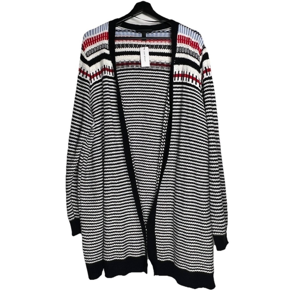 Lane Bryant Women 18/20 Stripe Open Front Cardigan Black White Red Blue Wool Mix